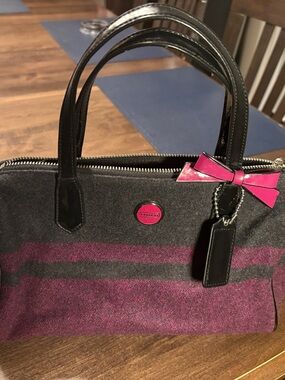 Coach Black and Fuchsia Striped Shoulder Bag with Fuchsia Bow